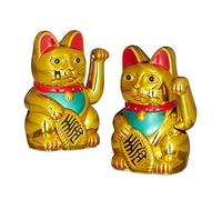 Relaxdays 2x Maneki Neko Waving Cat, Good Luck Bringer, 16 cm, Gold