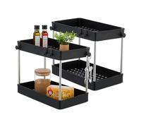 Relaxdays 2X Under Sink Shelves, Tiered, Utensils Organiser, Hooks, Kitchen & Bathroom Storage, 32 x 40 x 22 cm, Black