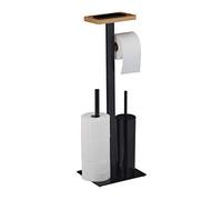 Relaxdays 3-1 WC Set, Toilet Paper, Bathroom Brush and Holder, Phone Storage Tray, HxWxD: 73x25x20 cm, Matt Black, Steel