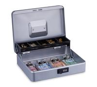 Relaxdays, 3-digit combination, coin insert & 4 note compartments, lockable cash box, silver, Plastic, Steel, Iron, 8.5 x 30.5 x 24.5 cm