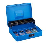 Relaxdays, 3-digit combination, coin insert & 4 note compartments, lockable, iron cash box, blue, Plastic, Steel, 8.5 x 30.5 x 24.5 cm
