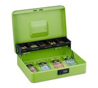 Relaxdays, 3-digit combination, coin insert & 4 note compartments, lockable, iron cash box, green, Plastic, Steel, 8.5 x 30.5 x 24.5 cm