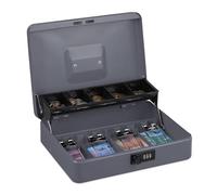 Relaxdays, 3-digit combination, coin insert & 4 note compartments, lockable, iron cash box, grey, Steel, Plastic, 8.5 x 30.5 x 24.5 cm