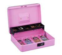 Relaxdays, 3-digit combination, coin insert & 4 note compartments, lockable, iron cash box, pink, Plastic, Steel, 8.5 x 30.5 x 24.5 cm