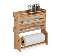 Relaxdays 3-in-1 Roll Holder, for Aluminium Foil, Cling Film, Paper Towels, Spice Rack, Bamboo, 40x40x11.5 cm, Natural, 40 x 40 x 11.5 cm