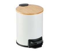 Relaxdays Step Pedal Bin, 3 Litre, Soft-close Mechanism, Removable Inside, Bathroom Cosmetic Waste, Metal, Bamboo, White, Iron, 22.5 x 23 x 17 cm