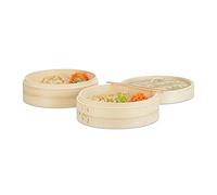 Relaxdays 3-Part Bamboo Steamer, 2 Steam Baskets with Lid for Rice and Dumplings, 24 cm Diameter Cooker, Natural