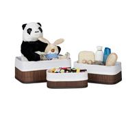 Relaxdays Bamboo Bathroom Baskets, HxWxD13 x 30 x 20 cm, Set of 3 Shelf Bins with Cloth Insert, Brown