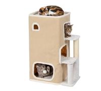 Relaxdays 3-storey cat house with ball & scratching post, HxWxD: 83.5x43x34 cm, indoor, polyester, beige