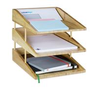 Relaxdays Document Filing Tray, Stackable, DIN A4 Letter Rack, Office, Desk, Bamboo, 3 Tiers, Natural