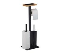 Relaxdays 3-1 WC Set, Toilet Paper, Bathroom Brush and Holder, Phone Storage Tray, HxWxD: 73x25x20 cm, Matt Black, Steel