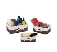 Relaxdays 3X Basket, Bathroom Storage Boxes in 3 Sizes, Bamboo & Polyester, Multipurpose, Stackable, Brown/Creme, 12 x 32 x 22 cm