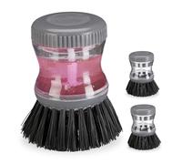 Relaxdays Dishwashing Brush, 3X Set, Refillable, 60 ml Capacity, Round, Clean Glasses & Dishes Easily, Kitchen, Grey, 9 x 7 cm