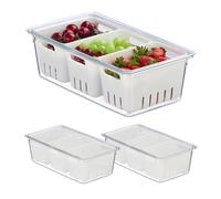 Relaxdays 3X Fridge, Stackable, 3 Draining Baskets, Food Organiser, Lid, 10 x 32 x 17.5 cm, Transparent/White