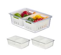 Relaxdays 3X Fridge, Stackable, Draining Basket, Food Organiser with Lid, 10 x 33.5 x 22 cm, Transparent/White