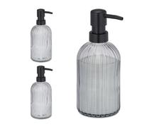 Relaxdays Glass Soap Dispenser, Set of 3, Pump Head, Refillable, Bathroom & Kitchen, Liquid Container, 400 ml, Black, 19 x 9 x 7 cm