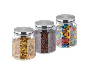 Relaxdays 3x Glass Storage Jars 1100ml, Steel Lids
