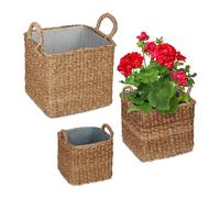 Relaxdays 3x Planter Basket with Zink Tub, Various Sizes, Seagrass Container, Garden & Balcony, Square Pot, Natural, Plant fibre, 40 x 35 x 35 cm