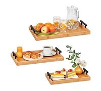 Relaxdays 3X Serving Trays, Various Sizes, Breakfast in Bed Tablet, with Handles, Bamboo, Snacks, Coffee & Tea, Natural, 7x50x30cm