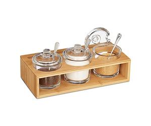 Relaxdays 3x Spice Jars, Bamboo Holder, Glass Bowl, Spoon & Lid, Salt Container, 11 x 27 x 13 cm, Natural/Transparent