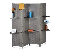 Relaxdays 4-Panel Room Divider, Folding Paravent, Privacy Screen, 2 Shelves, HWD 180x170x39 cm, Grey, wood, paper rope, Gray, Pack of 1