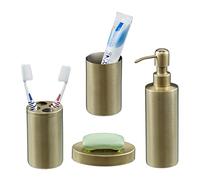 Relaxdays 4-piece bathroom accessory set, brushed stainless steel, complete toilet set, soap dish, modern design, gold