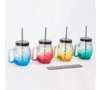 Relaxdays 4-Piece Pineapple Design Drink Tumblers with Lid & Straw, 500 ml, Handle, Colorful, 12.5x12x9 cm