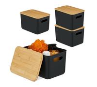 Relaxdays 4-Piece Storage Box Set with Lids, Handles, Plastic & Bamboo, 16×26×17.5 cm, Black