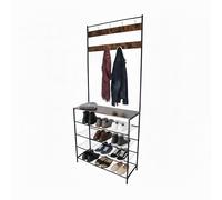 Relaxdays, 4 shoe shelves, 2 hook rails, hallway coat rack HxWxD 190 x 80 x 30 cm, iron, black/brown, Fibreboard