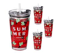 Relaxdays 4X Children's Cups, Cacti Motif, Drinking Glass for Kids, with Handle, Lid & Straw, 450 ml Scale, Transparent, 15 x 9 x 9.5 cm