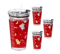 Relaxdays 4x Children's Cups, Unicorn Motif, Drinking Glass for Kids, with Handle, Lid & Straw, 450ml Scale, Transparent