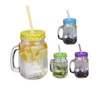 Relaxdays 4X Drinking Jars, 500ml Each, Dishwasher Safe, Dotted Lids & Straws, 4 Colours, Vintage Glasses, Transparent, 19 x 11 x 8 cm