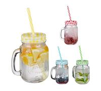 Relaxdays 4X Drinking Jars, 500ml Each, Dishwasher Safe, incl. Lids & Straws in 4 Colours, Vintage Glasses, Transparent, 19 x 11 x 8 cm
