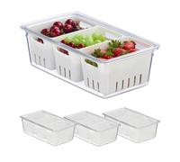 Relaxdays 4X Fridge, Stackable, 3 Draining Baskets, Food Organiser, Lid, 10 x 32 x 17.5 cm, Transparent/White