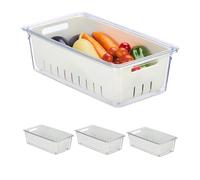 Relaxdays 4X Fridge, Stackable, Draining Basket, Food Organiser with Lid, 10 x 32 x 17.5 cm, Transparent/White