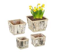 Relaxdays 4x Square Flowerpots, Birch Bark, Flowers & Herbs, Plant Baskets with Foil Lining, in 4 Sizes, Wooden, Natural, Wood, 16 x 23 x 23 cm