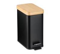 Relaxdays Step Pedal Bin, 5L, Soft-Close Mechanism, Removable Inside, Bathroom Cosmetic Waste, Metal, Bamboo Lid, Black, Iron, 29.5 x 14 x 29 cm