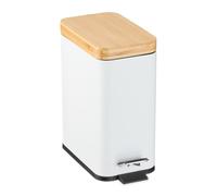 Relaxdays Step Pedal Bin, 5L, Soft-Close Mechanism, Removable Inside, Bathroom Cosmetic Waste, Metal, Bamboo Lid, White, Iron, 29.5 x 14 x 29 cm