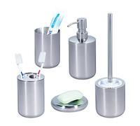 Relaxdays 5-Piece Bathroom Set, Polished Stainless Steel, Complete Toilet Accessories, Modern, Silver