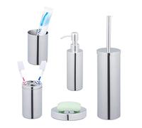 Relaxdays 5-Piece Bathroom Accessory, Polished Stainless Steel, Complete Toilet Set, Modern Design, Silver, 90% 10% Plastic, 39 x 9.5 x 9.5 cm