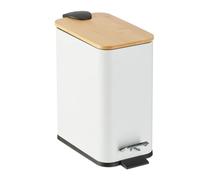 Relaxdays Step Pedal Bin, 5 Litre Capacity, Removable Inside, Square, Bathroom Cosmetic Waste, Metal, Bamboo Lid, White, Iron, 28.5 x 14.5 x 27 cm