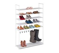 Relaxdays 6 levels, Plug-in System, Hallway Rack, 20 Pairs of Shoes, 7 Boot Hooks, Metal & Fabric, White, Steel, 153 x 99 x 30 cm