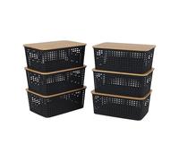 Relaxdays 6-Pack Storage Box Set with Lids, Plastic & Bamboo, Handles, 10.5x25.5x18cm, Black