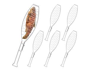 Relaxdays 6x Fish Roaster, Stainless Steel, Handle, Grid for Barbecue, Seafood, Vegetables, 1.5 x 52 x 12.5 cm, Silver