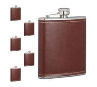 Relaxdays 6X Hip Flask, 200ml Each, Stainless Steel, Immitation Leather Cover, Pocket, 12.5 x 9.5 x 2.5 cm, Brown/Silver