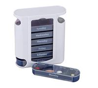 Relaxdays 7-Day Pill Tower, Weekly Medicine Boxes, 4 Compartments, Sliding Lids, White-Blue