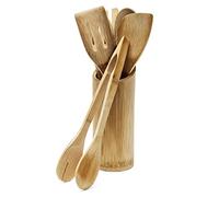 Relaxdays 7 Piece Bamboo Kitchen Utensils Set, Pieces about 30 cm Long, Includes Spatula, Spoon, Fork, Salad Tongs, Holder, Natural Brown