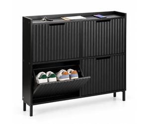 Relaxdays 8-pair shoe cabinet, 4 compartments, HWD: 90 x 100 x 19 cm, black | Slim shoe cabinet, including anti-tip device, ribbed front, MDF, metal