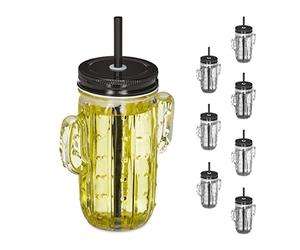 Relaxdays 8x Drinking Glasses, Cactus-Shaped, Summer Parties, 500ml Capacity each, incl. Lids and Straws, Transparent