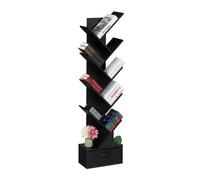 Relaxdays Tree Bookshelf, 9-Tier Bookcase, HWD: 146 x 38 x 22 cm, Storage for Books & CDs, Free-Standing, Drawer, Black, Fleece, Fibreboard, Cardboard